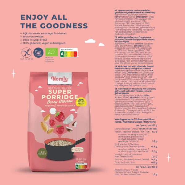 Ingrediënten en voedingswaarden Nomly havermout Berry Blossom - Framboos
