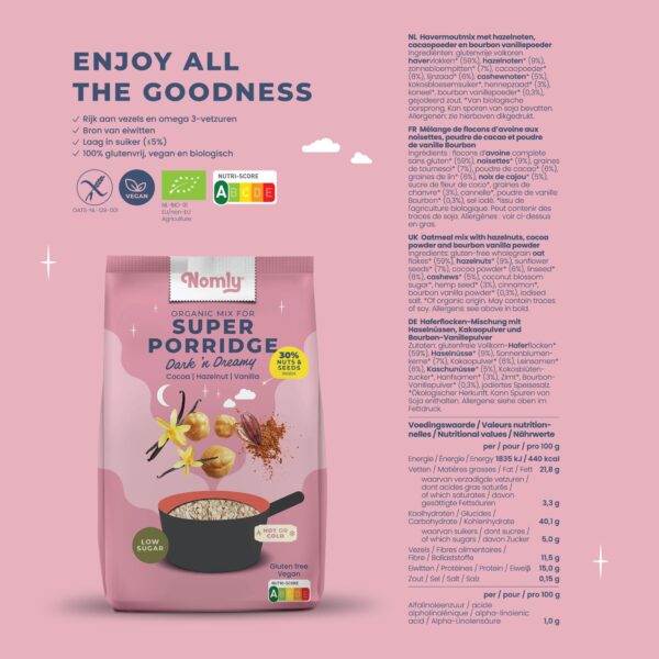 Ingrediënten en voedingswaarden Nomly havermout Dark 'n Dreamy - Cacao